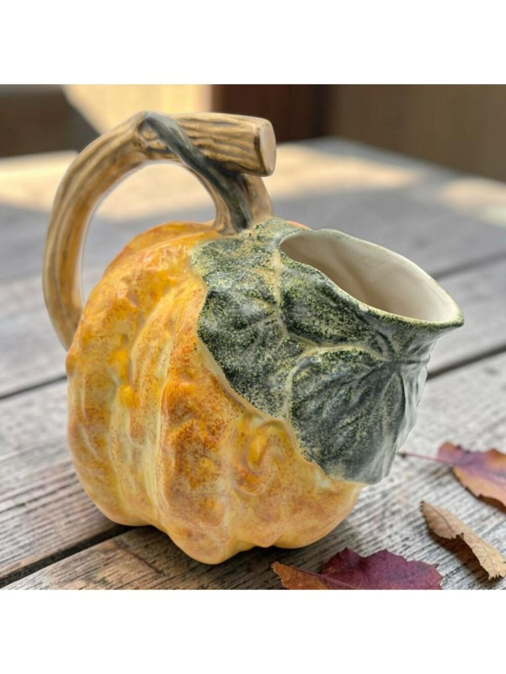Ceramic Pumpkin Shaped Pitcher Leaf Stem Handle Fall Decor